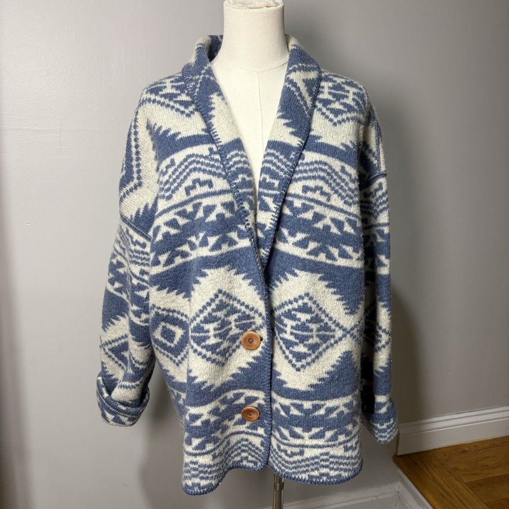 VTG Alps Fine Womens‎ Apparel 100% Pure Wool Felted Blue/White Wood Buttons Sz S